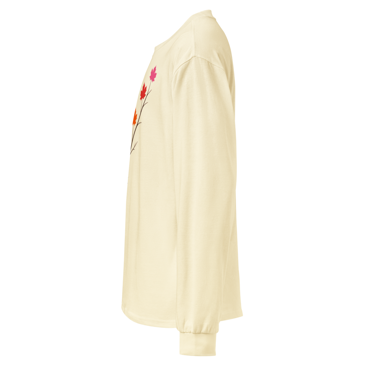 Side view of a cream-colored Flaunt It heavyweight long sleeve shirt featuring a pride maple leaf branch graphic.