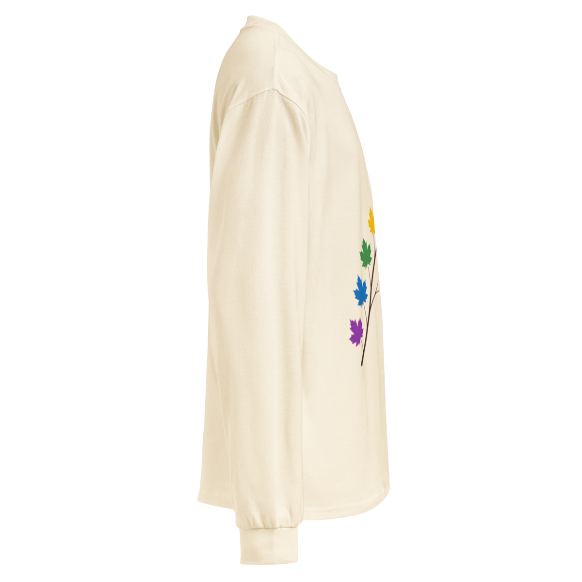 Flaunt It cream heavyweight cotton long sleeve shirt with a pride maple leaf branch graphic, side view