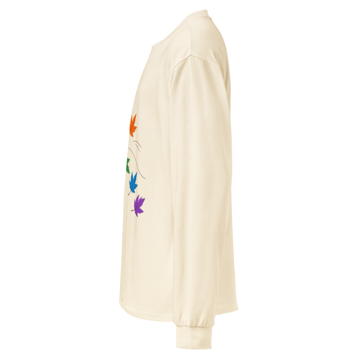 Flaunt It cream heavyweight long sleeve shirt featuring a diagonal print of colorful pride maple leaves