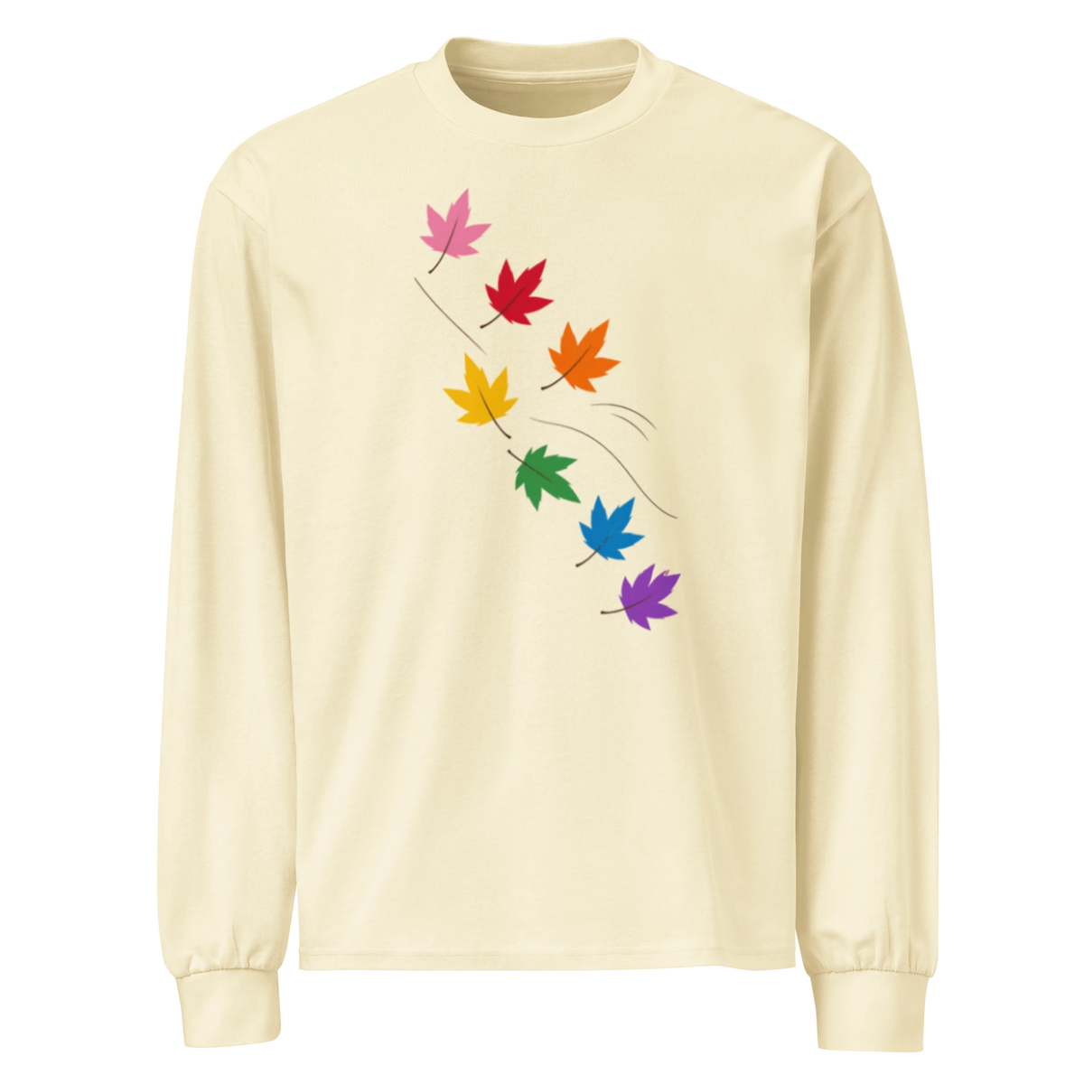 Flaunt It cream heavyweight long sleeve shirt featuring a diagonal graphic of seven colorful pride maple leaves.