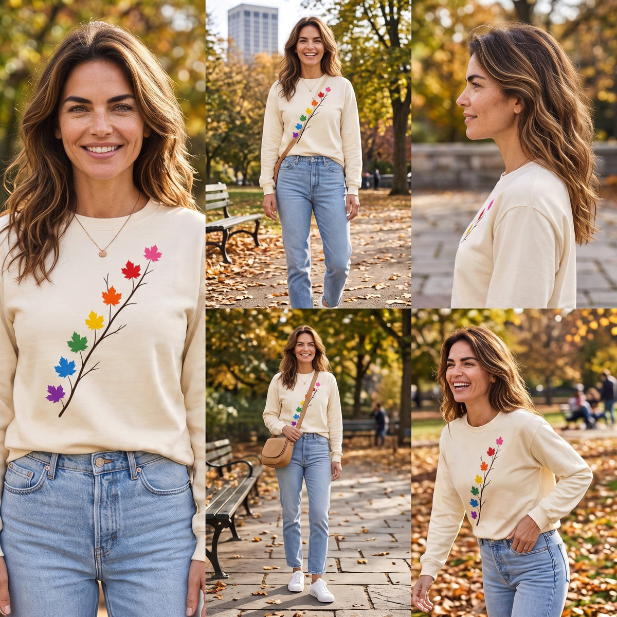 Woman wearing a Flaunt It cream heavyweight cotton long sleeve shirt with a pride maple leaf branch graphic in a park