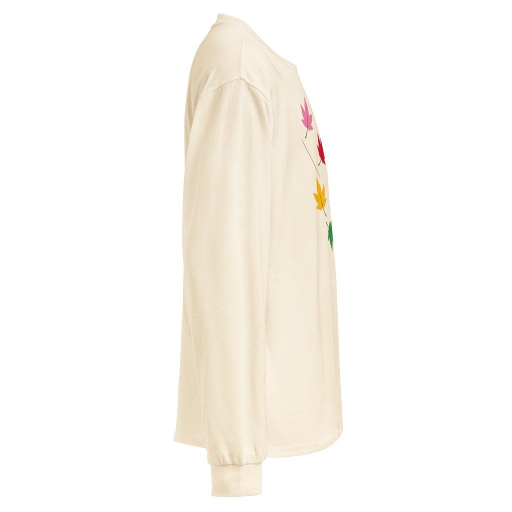 Flaunt It cream heavyweight long sleeve shirt featuring a diagonal row of colorful pride maple leaves in side view