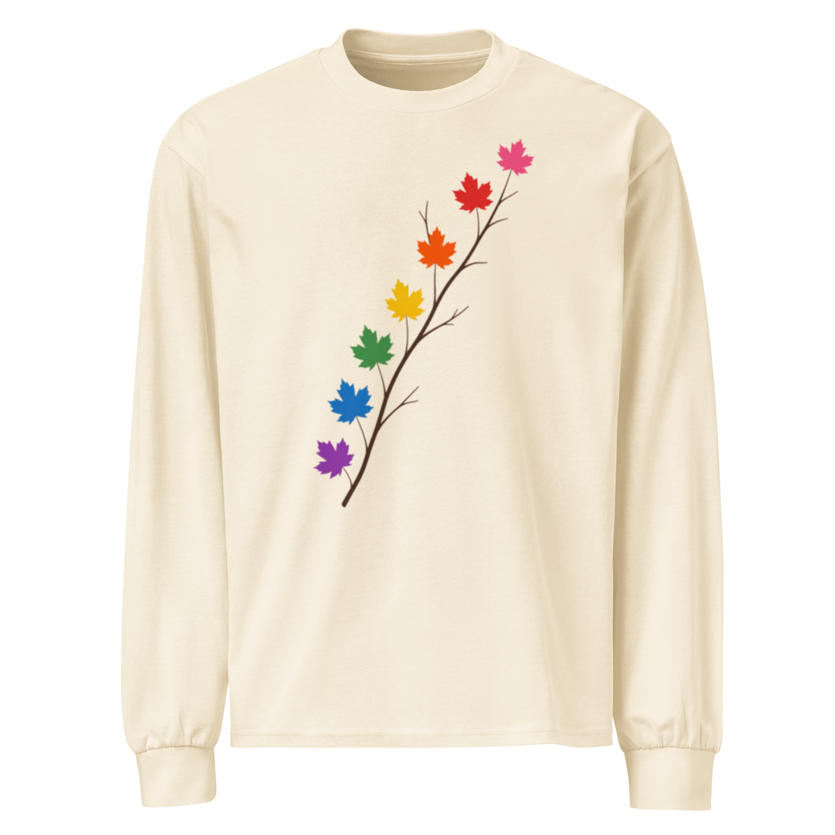 Flaunt It cream heavyweight long sleeve shirt featuring a diagonal branch with seven rainbow-colored maple leaves.