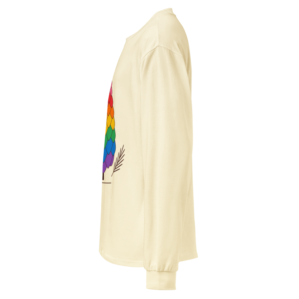 Flaunt It heavyweight long sleeve shirt in cream cotton with a colorful pride pinecone graphic, side profile view.