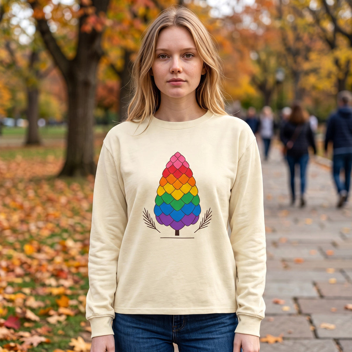Flaunt It cream heavyweight long sleeve shirt featuring a colorful pride pinecone graphic in an autumn park setting.