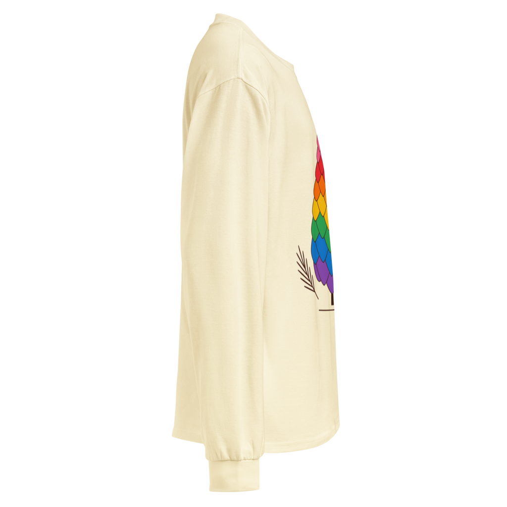 Flaunt It heavyweight long sleeve shirt in cream cotton with a colorful pride pinecone graphic, side view.