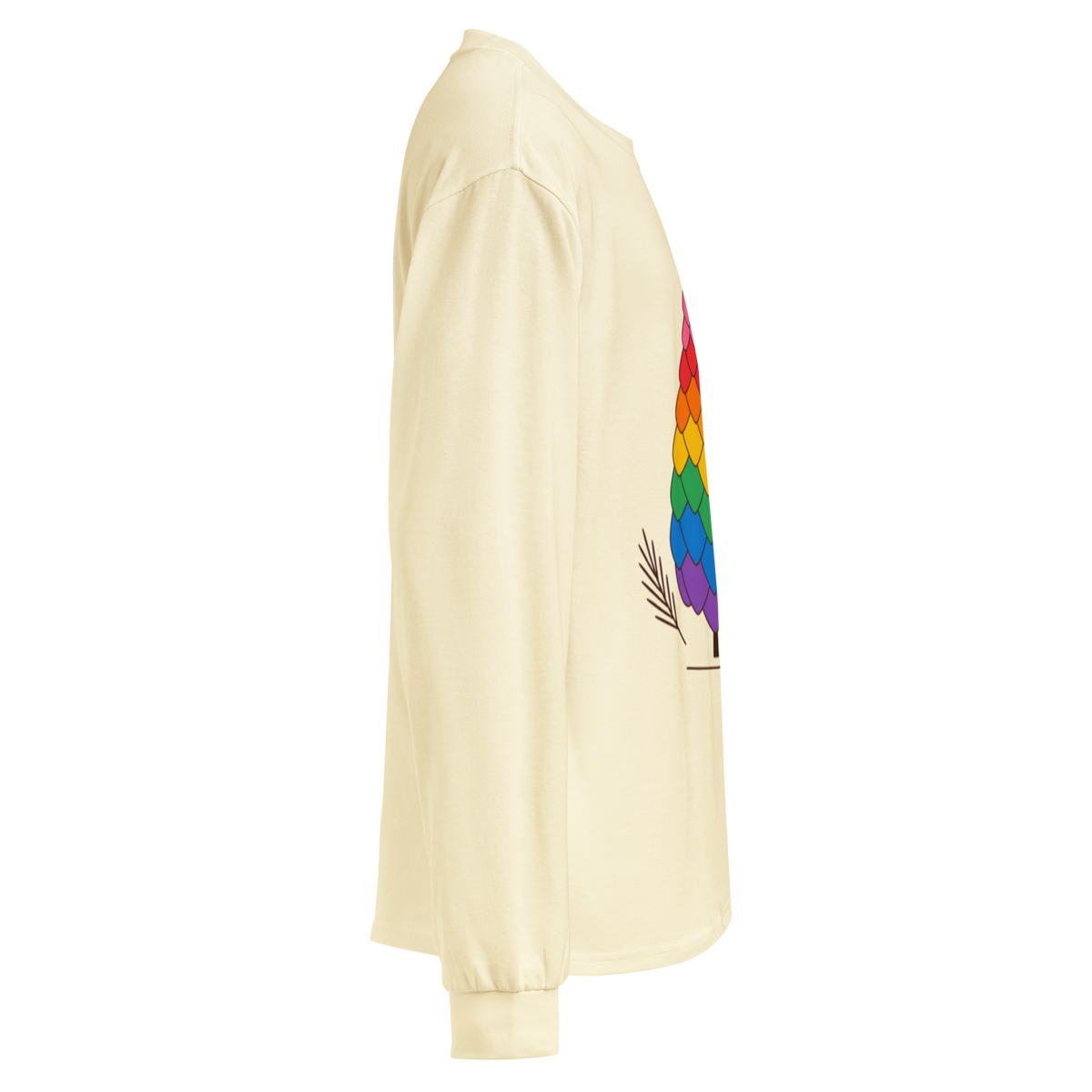 Flaunt It heavyweight long sleeve shirt in cream cotton with a colorful pride pinecone graphic, side view.