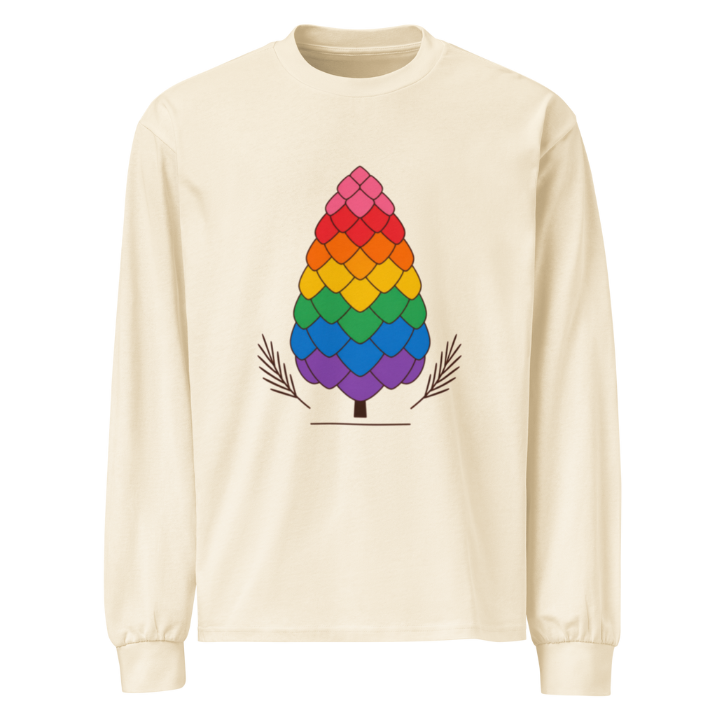 Flaunt It heavyweight long sleeve shirt in cream cotton featuring a colorful rainbow pinecone graphic on the chest.