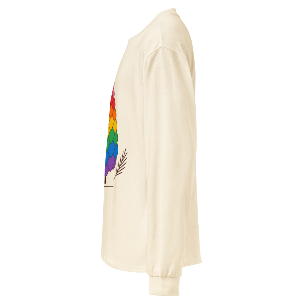 Flaunt It heavyweight long sleeve shirt in cream cotton with a colorful pride pinecone graphic, side view.