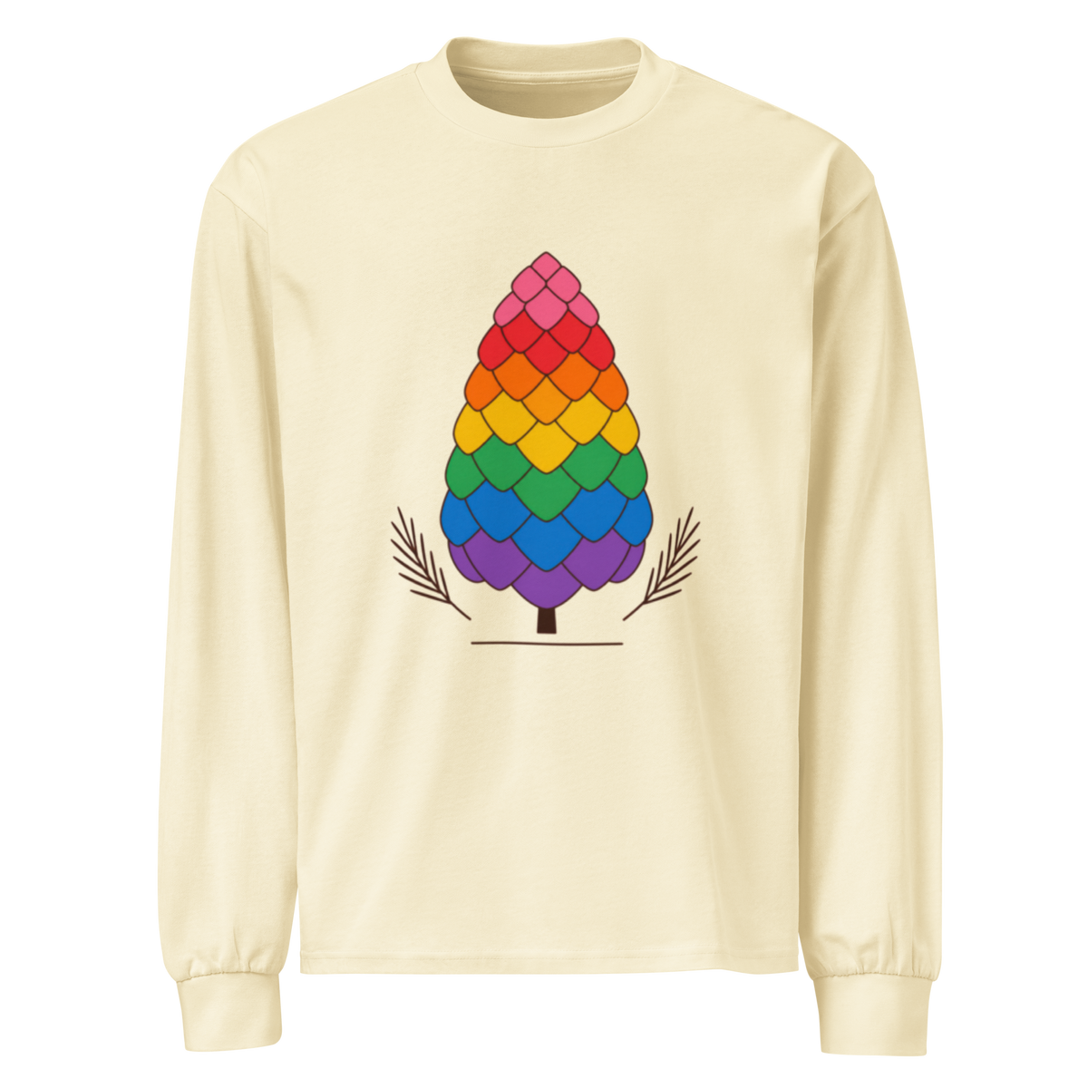 Flaunt It heavyweight long sleeve shirt in cream with a colorful rainbow pinecone graphic and needle sprigs.