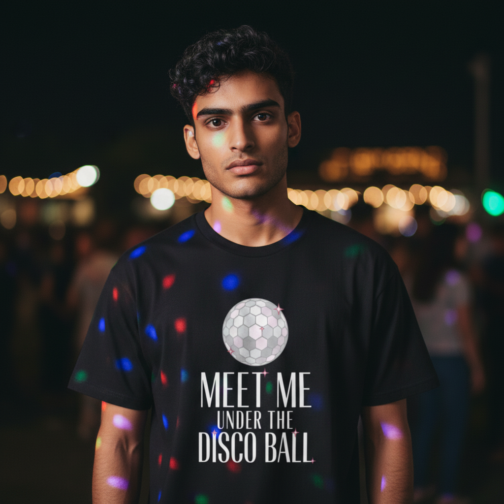 Flaunt It black premium cotton unisex t-shirt featuring Meet Me Under the Disco Ball graphic worn by a man at night