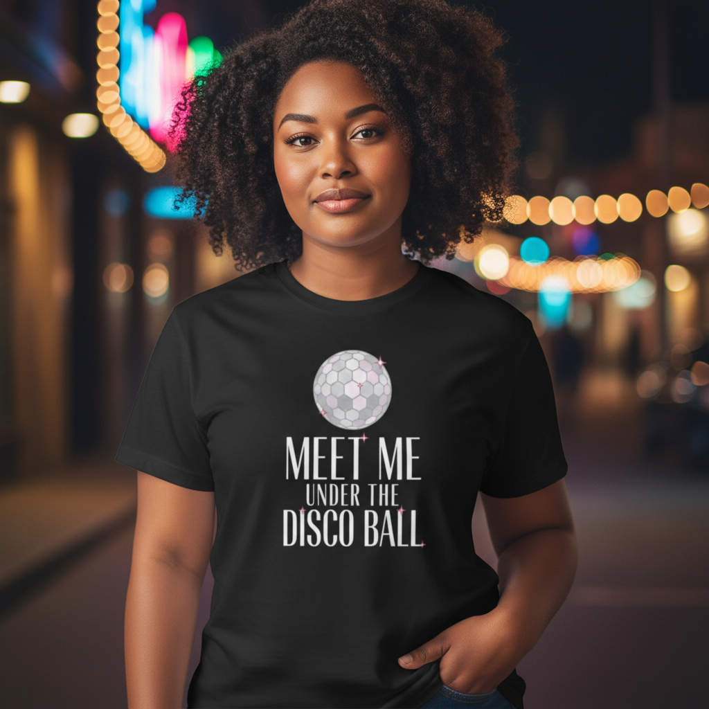 Flaunt It black premium cotton unisex t-shirt featuring a disco ball graphic and Meet Me Under the Disco Ball text.