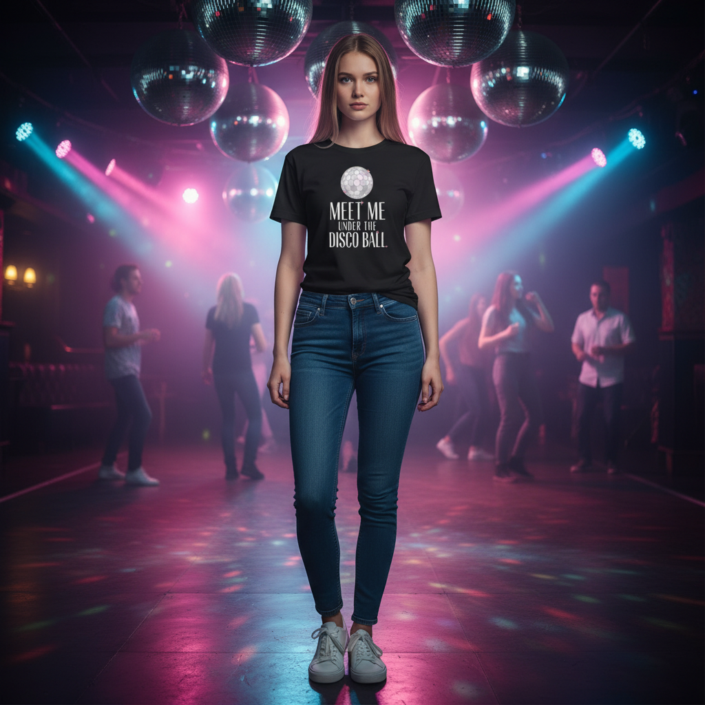 Flaunt It black premium cotton t-shirt with Meet Me Under the Disco Ball graphic worn by a woman in a dance club.