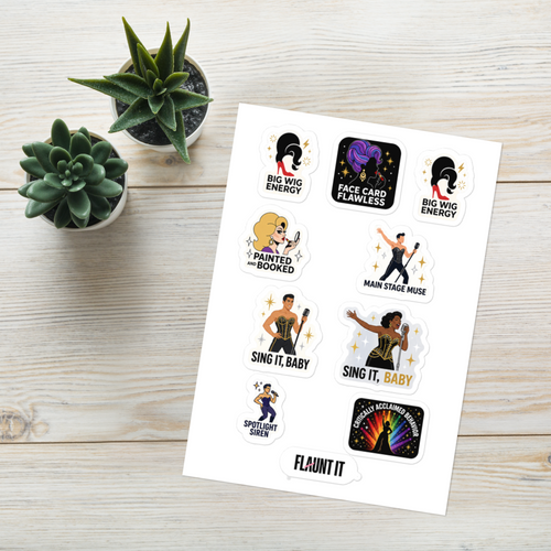 Flaunt It drag culture sticker sheet featuring eight glossy, colorful designs on a white background with two plants.