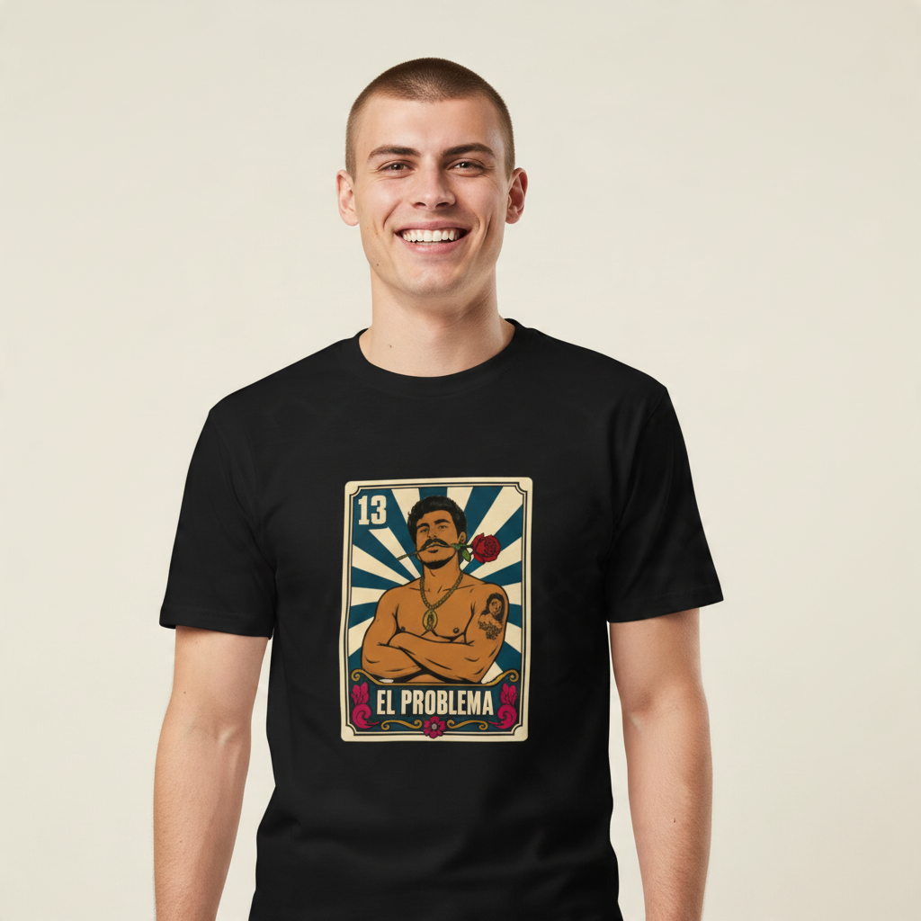 Close-up front view of a smiling male model wearing a black El Problema Premium Unisex T-Shirt with a vintage loteria card design featuring a male figure holding roses, EL PROBLEMA and number 13