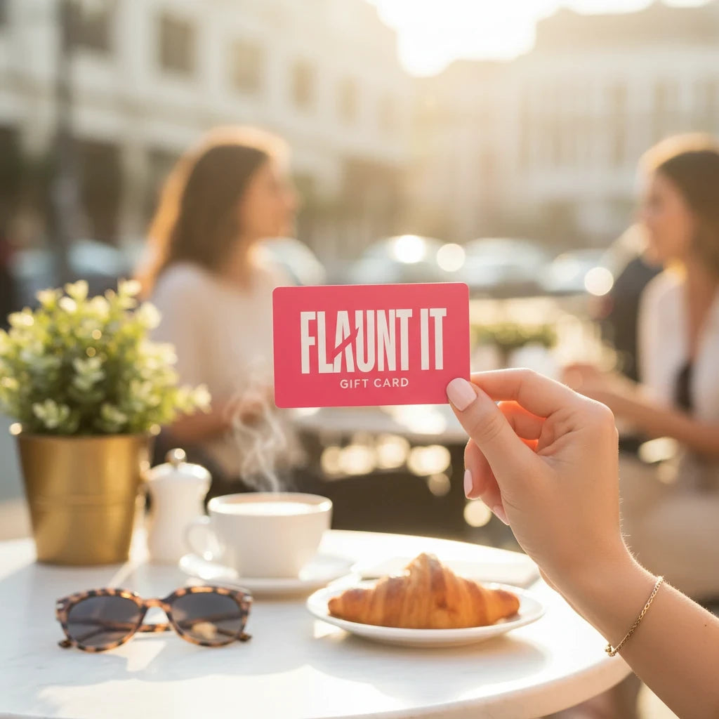 Flaunt It gift card held in hand at a sunny outdoor cafe with a coffee and croissant on the table