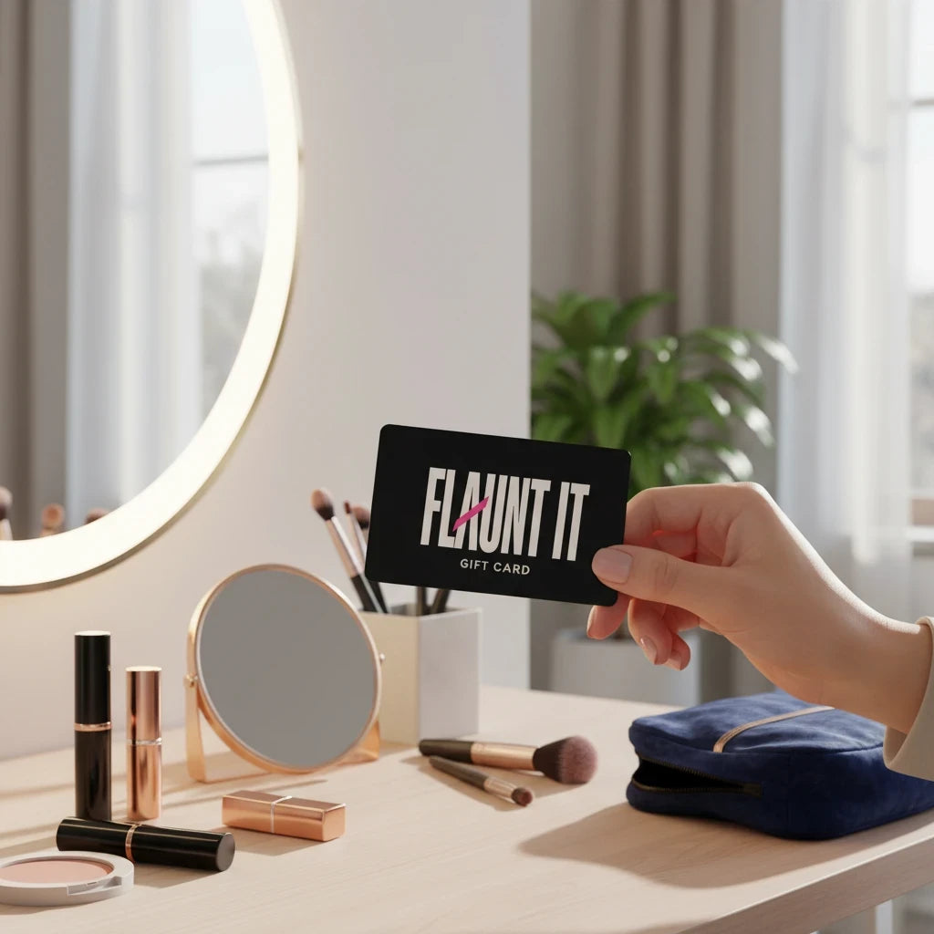 A hand holding a black Flaunt It gift card in front of a vanity mirror with makeup brushes and cosmetics.