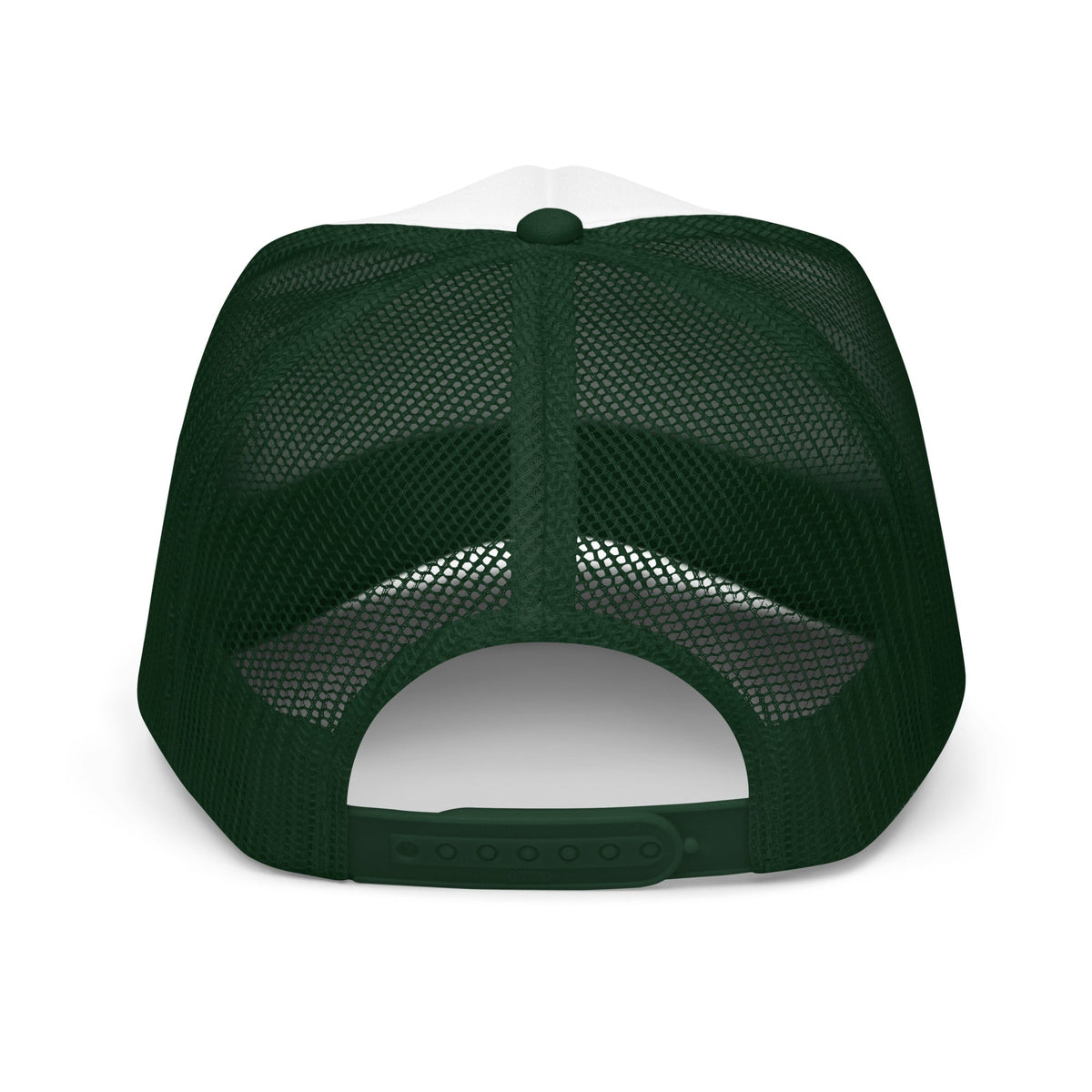 Flaunt It structured 5-panel trucker cap in dark green with a breathable mesh back and adjustable plastic snap closure.