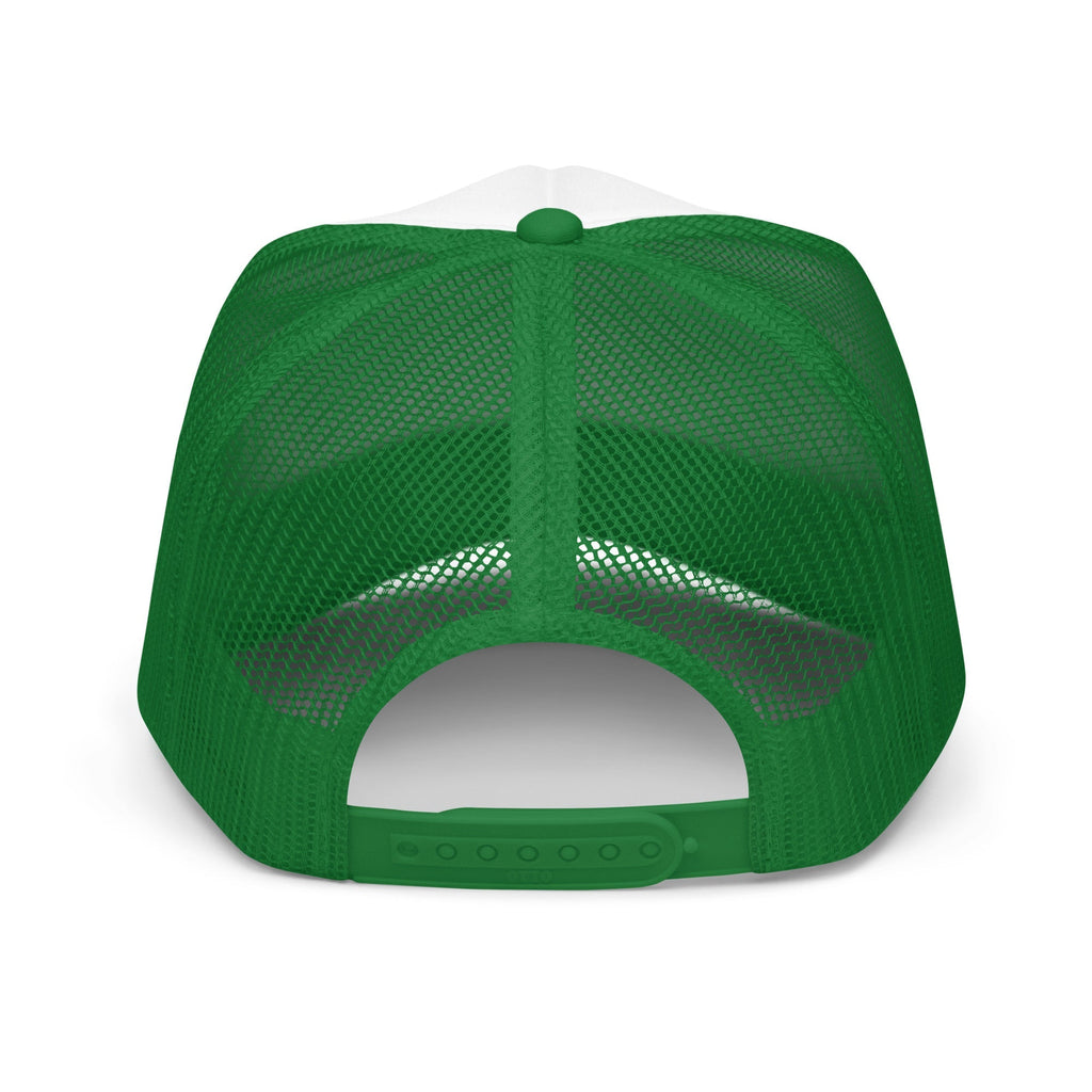 Flaunt It Proud Every Day unisex trucker cap in green and white with a mesh back and adjustable plastic snap closure.