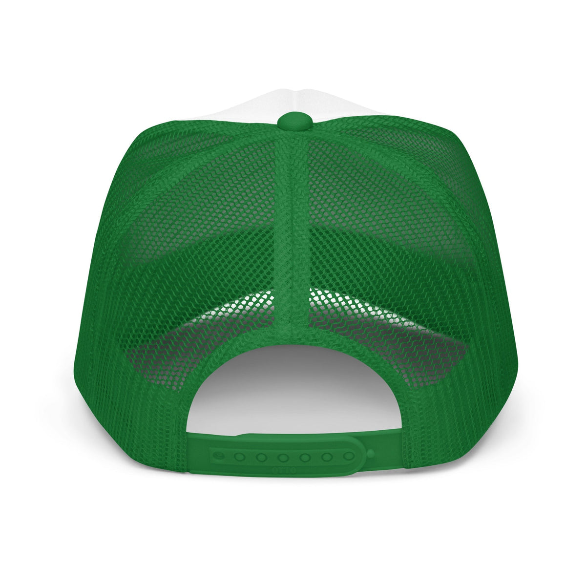 Flaunt It Proud Every Day unisex trucker cap in green and white with a mesh back and adjustable plastic snap closure.
