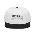 Flaunt It white snapback cap with black visor featuring a funny Guncle definition graphic print on the front.