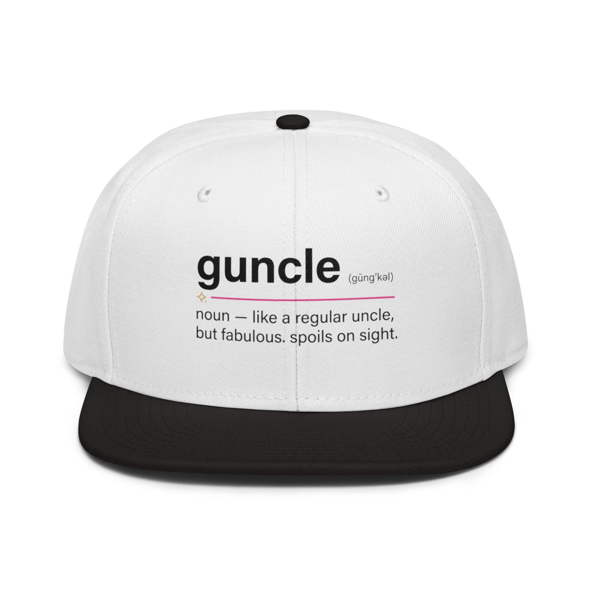 Flaunt It white snapback cap with black visor featuring a funny Guncle definition graphic print on the front.