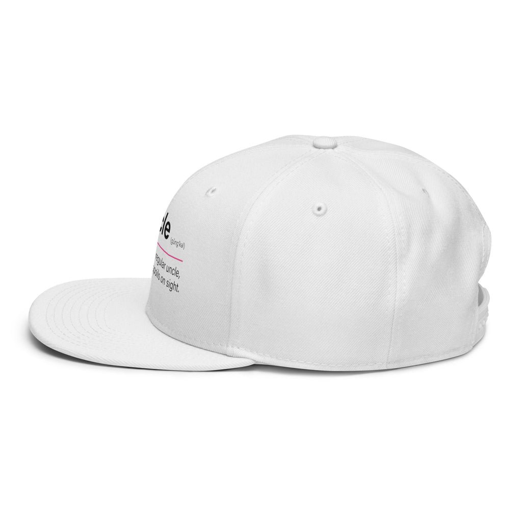 Flaunt It white snapback hat featuring a Guncle definition graphic on the side panel with a flat visor