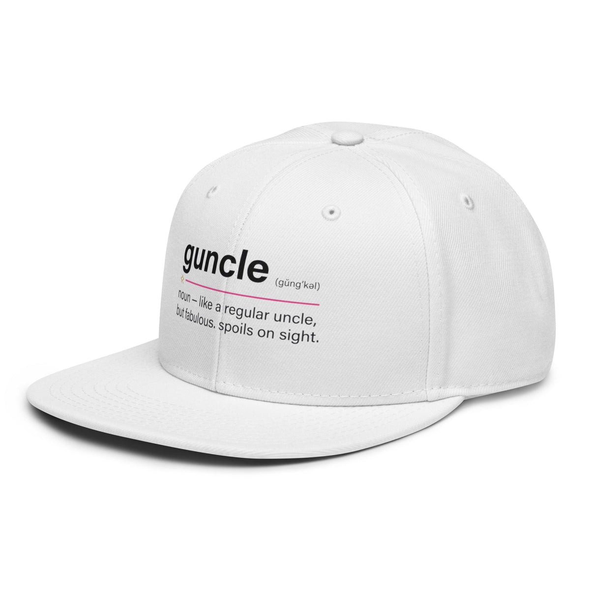 Flaunt It white snapback cap featuring a black Guncle definition graphic print with a flat visor and structured crown.