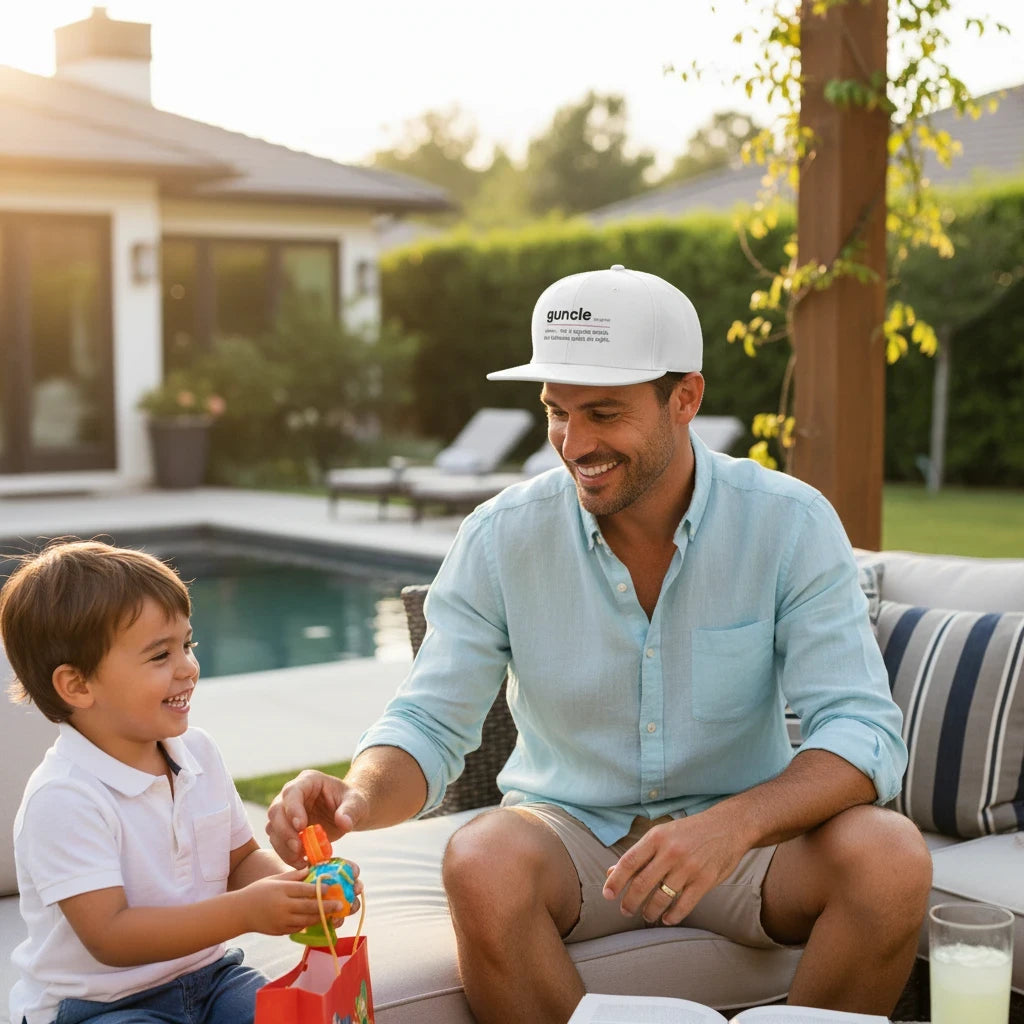 Flaunt It white snapback hat with Guncle definition graphic worn by a smiling man playing with a child outdoors