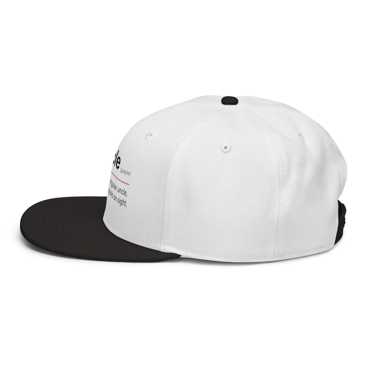 Flaunt It Guncle definition graphic snapback cap in white with a black flat visor and structured 6-panel design.