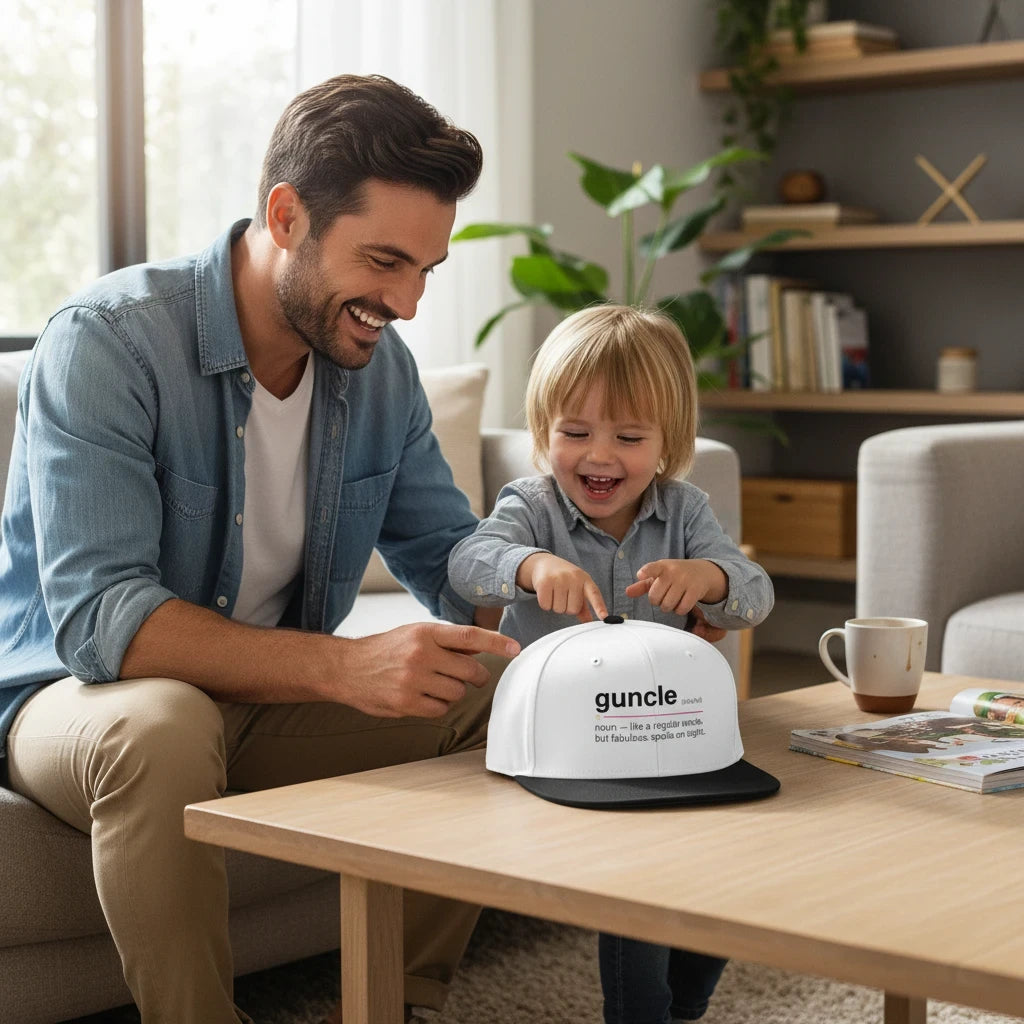 Flaunt It Guncle definition graphic snapback hat with a white crown and black flat visor on a wooden table.