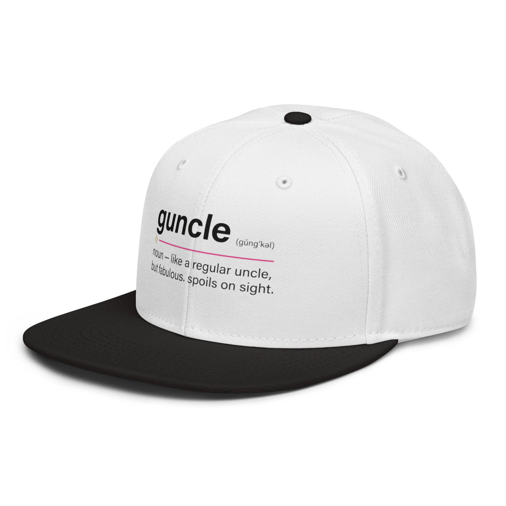 Flaunt It white snapback cap with black visor featuring a Guncle definition graphic print on the front panel.