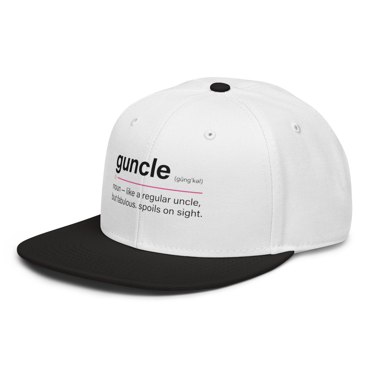 Flaunt It white snapback cap with black visor featuring a Guncle definition graphic print on the front panel.