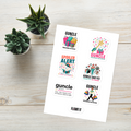 Flaunt It sticker sheet featuring six colorful Guncle-themed designs with glossy finish on a white wooden background.
