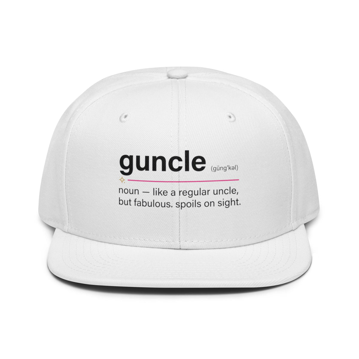 Flaunt It white snapback cap featuring a funny Guncle definition graphic with black text and a pink accent line.