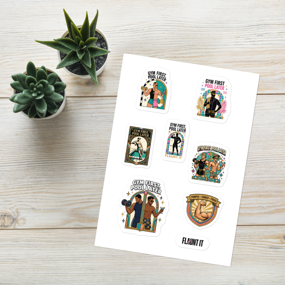 Flaunt It Gym + Pool Party sticker sheet featuring seven retro-style glossy fitness and summer themed designs.
