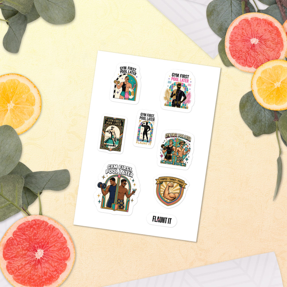 Flaunt It Gym + Pool Party sticker sheet featuring seven retro art-deco designs on a yellow background with citrus.