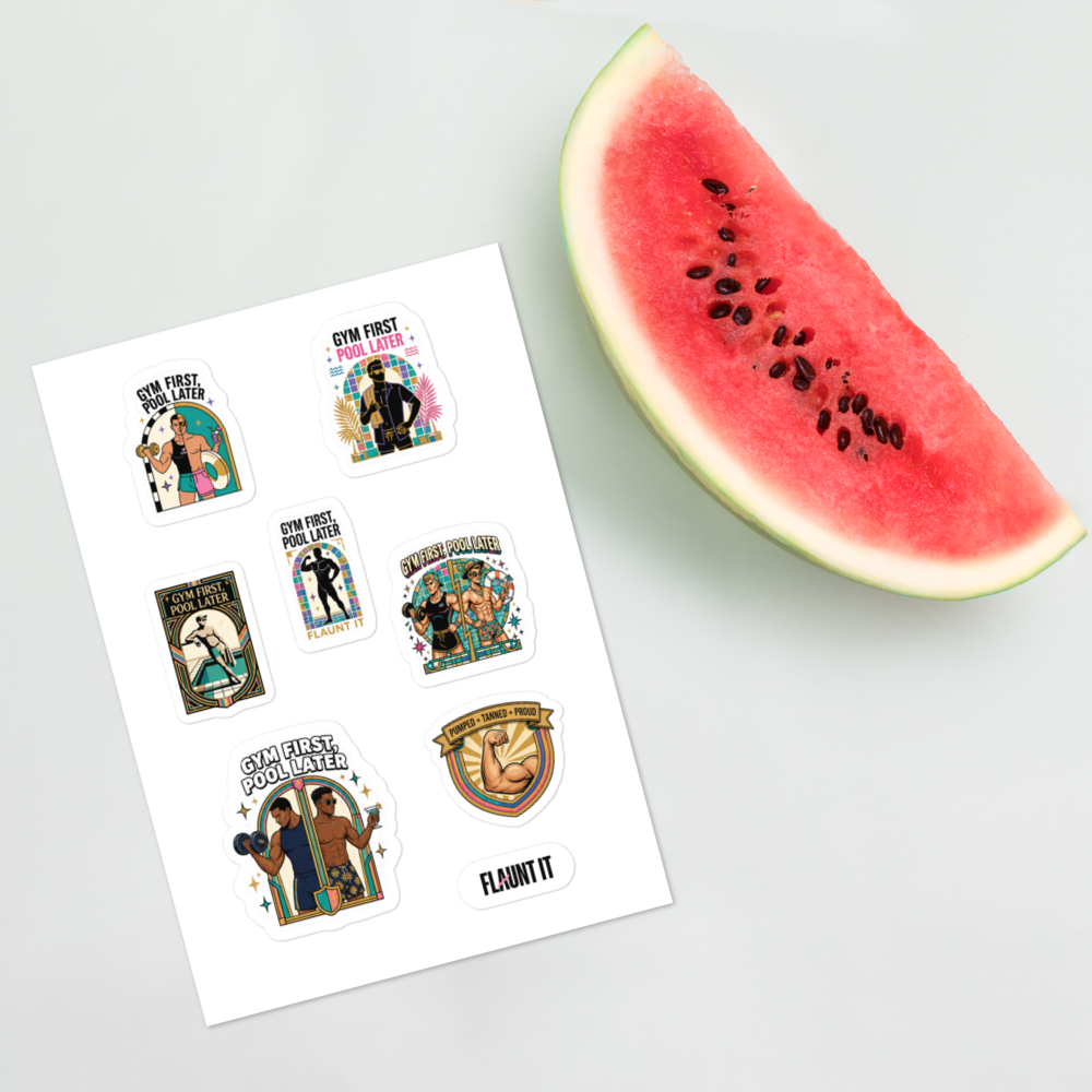 Flaunt It Gym and Pool Party sticker sheet with retro summer designs next to a fresh slice of watermelon.