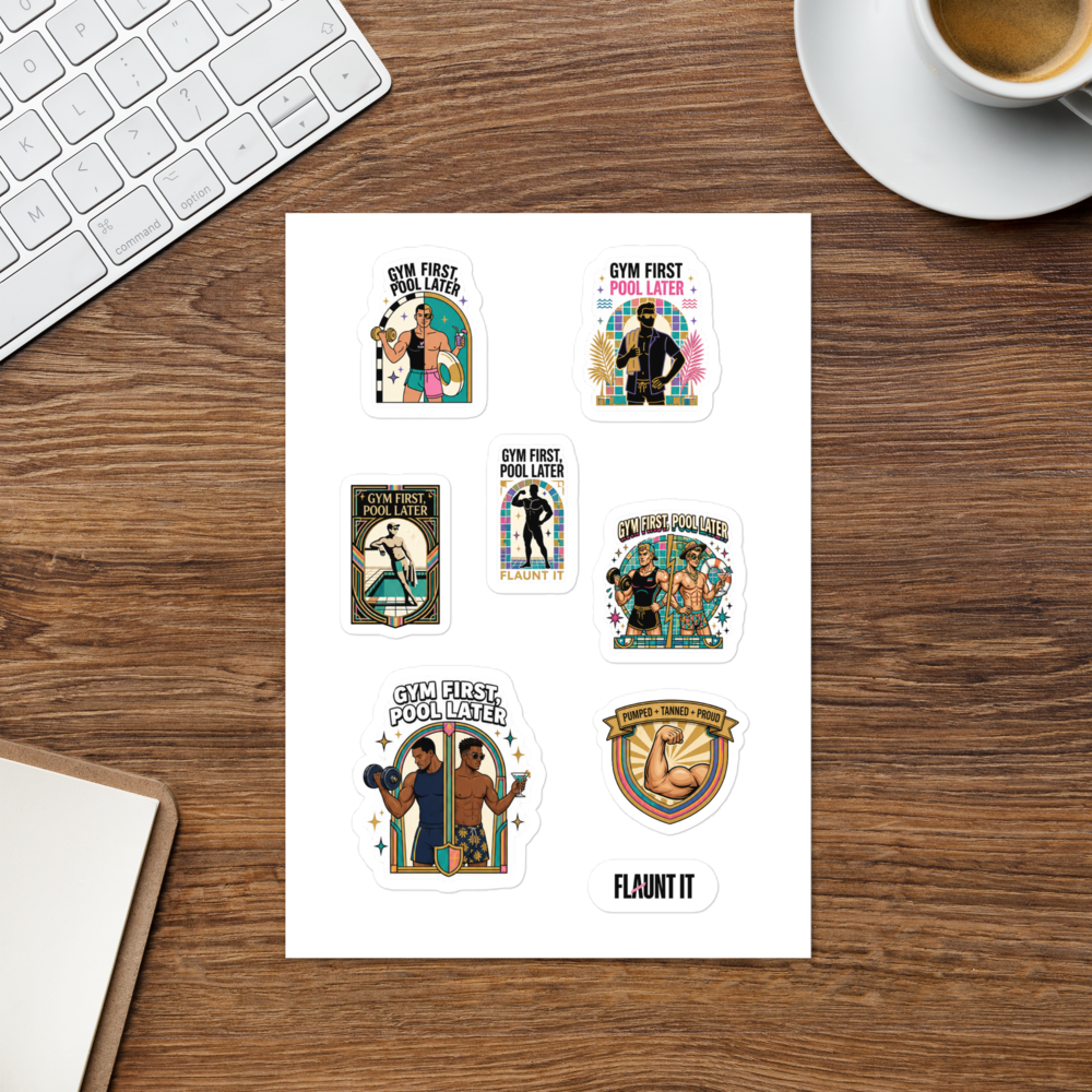 Flaunt It Gym and Pool Party glossy sticker sheet featuring seven retro-style fitness and summer themed designs.