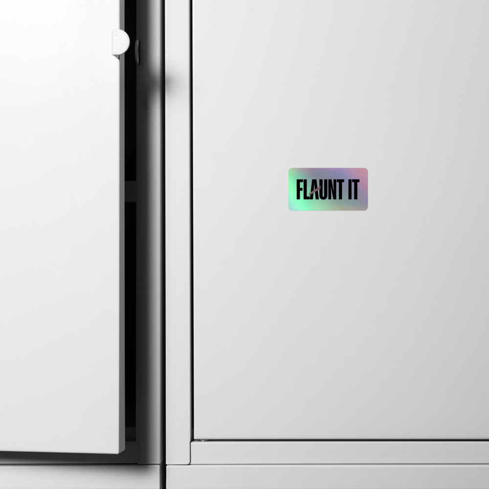 Flaunt It holographic vinyl sticker with 3D embossed logo applied to a white indoor locker door.