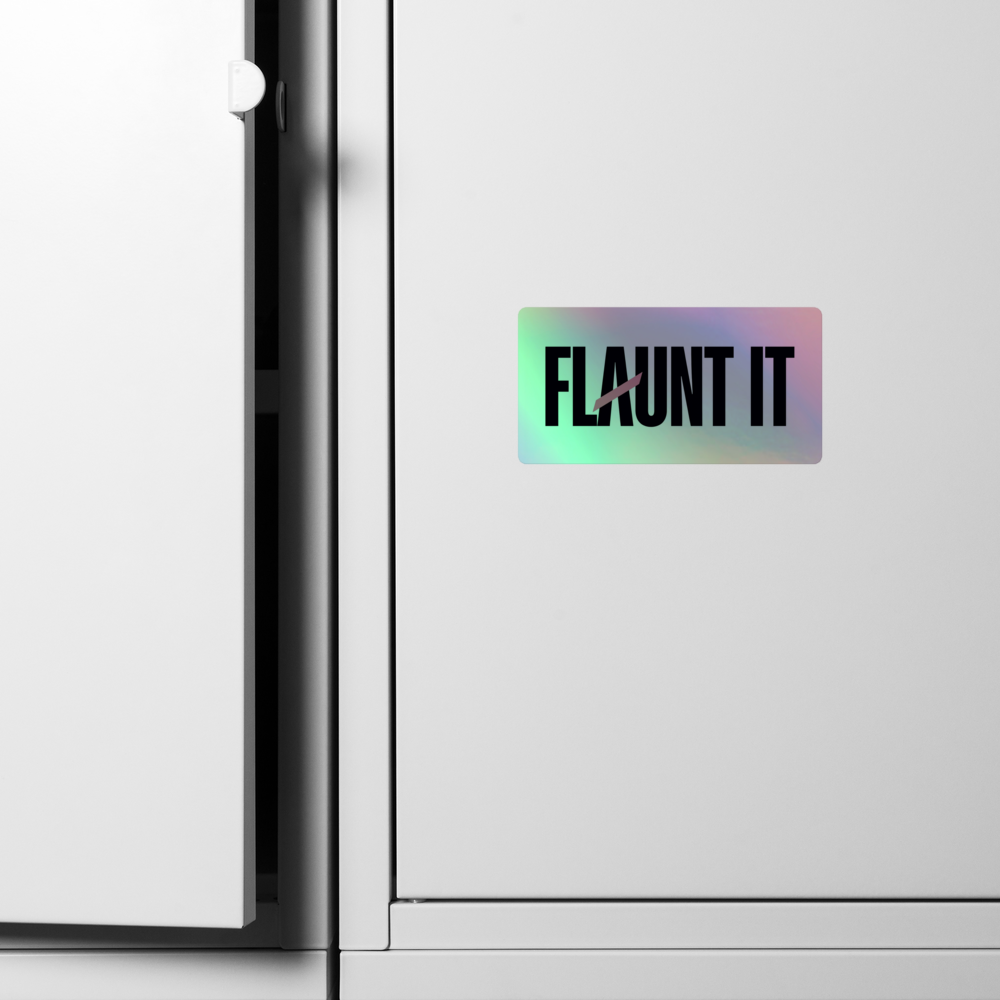 Flaunt It holographic vinyl sticker with 3D embossed logo applied to a white indoor locker surface