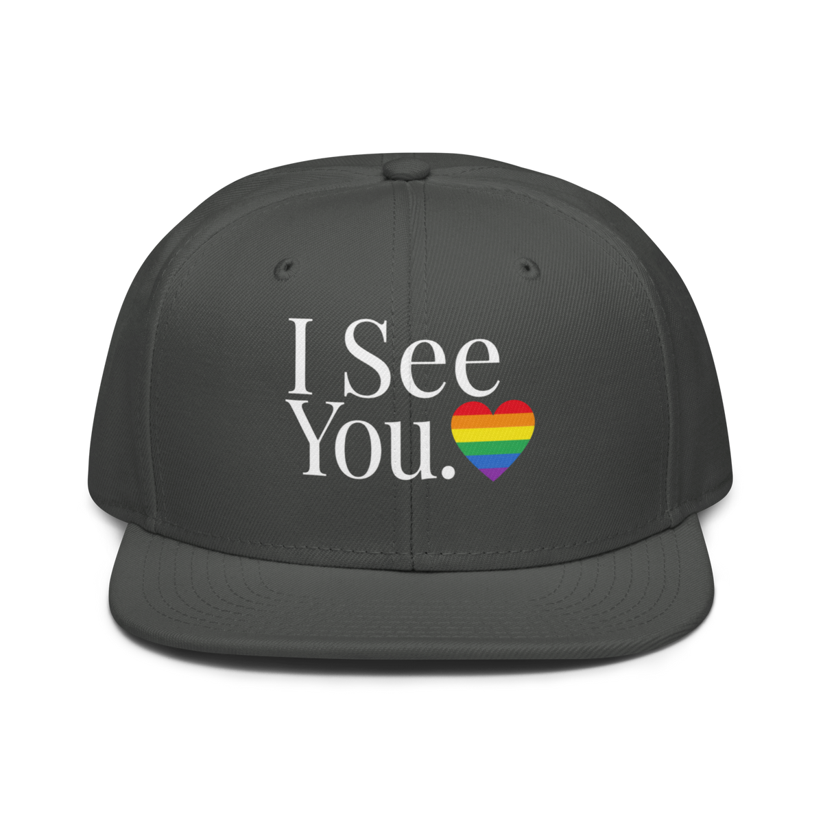 Flaunt It I See You Pride snapback cap in dark grey with white text and a rainbow heart graphic on the front