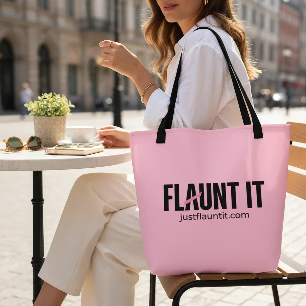Flaunt It large pink polyester tote bag with black logo, held by a woman sitting at an outdoor cafe table.