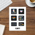 Flaunt It sticker sheet featuring six glossy LGBTQ+ allyship designs on a wooden desk with a keyboard and coffee cup.