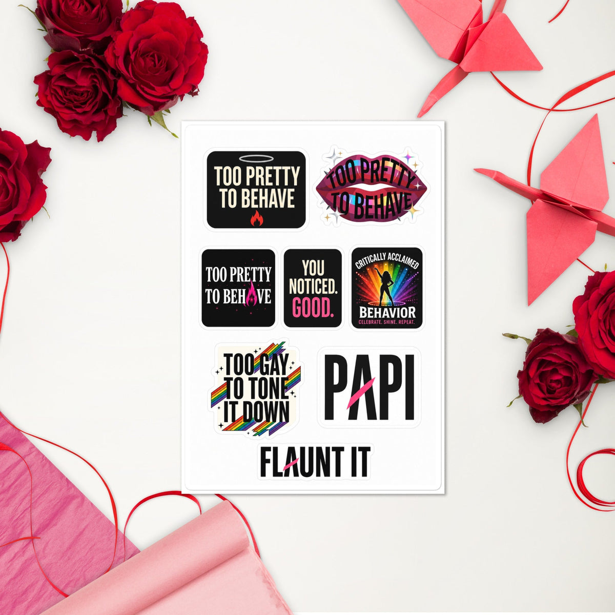 Flaunt It Main Character Energy glossy sticker sheet with seven bold, colourful statement designs on a white background.