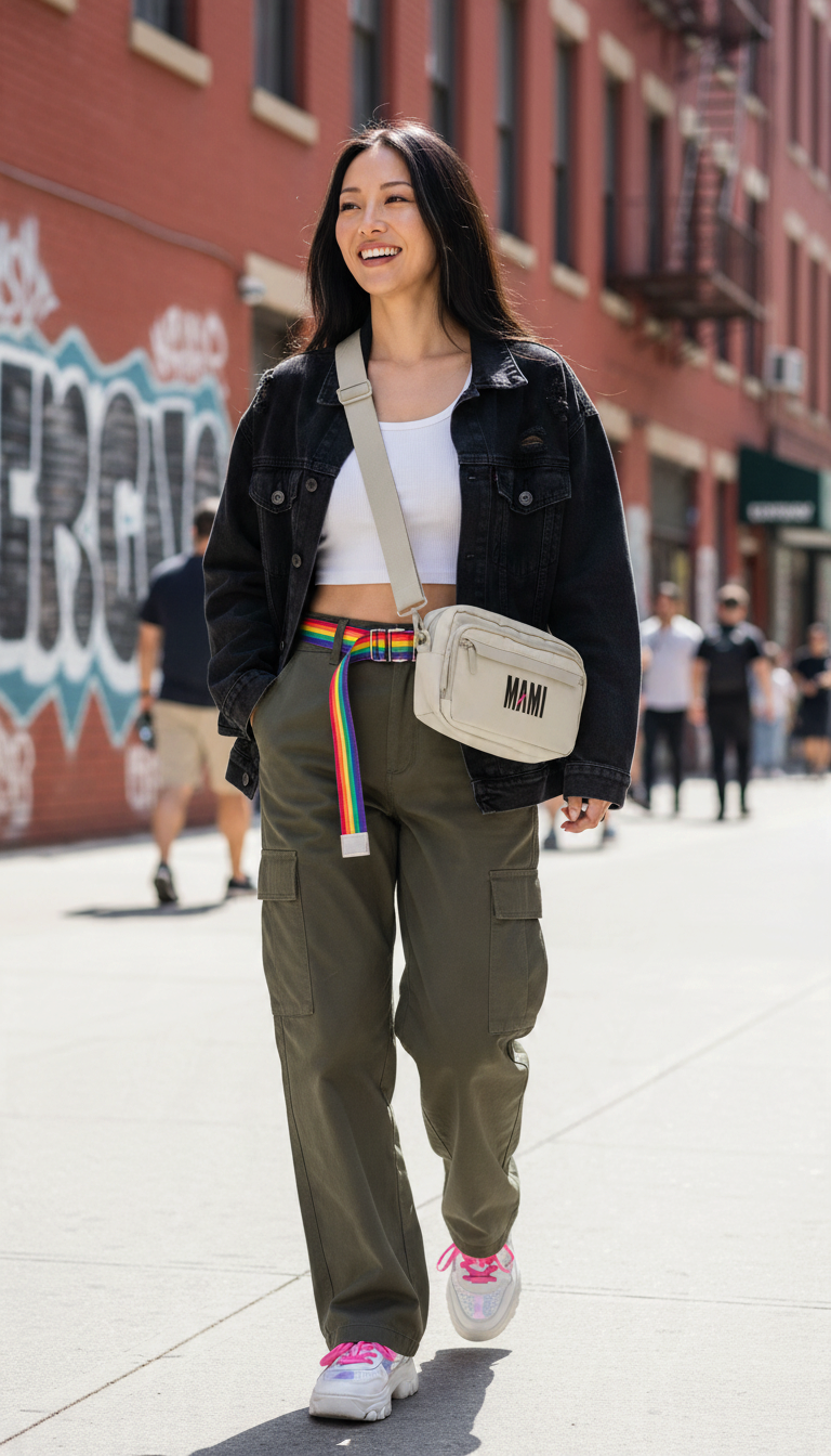 Flaunt It Mami premium beige urban crossbody bag worn by a smiling woman in a city street setting.
