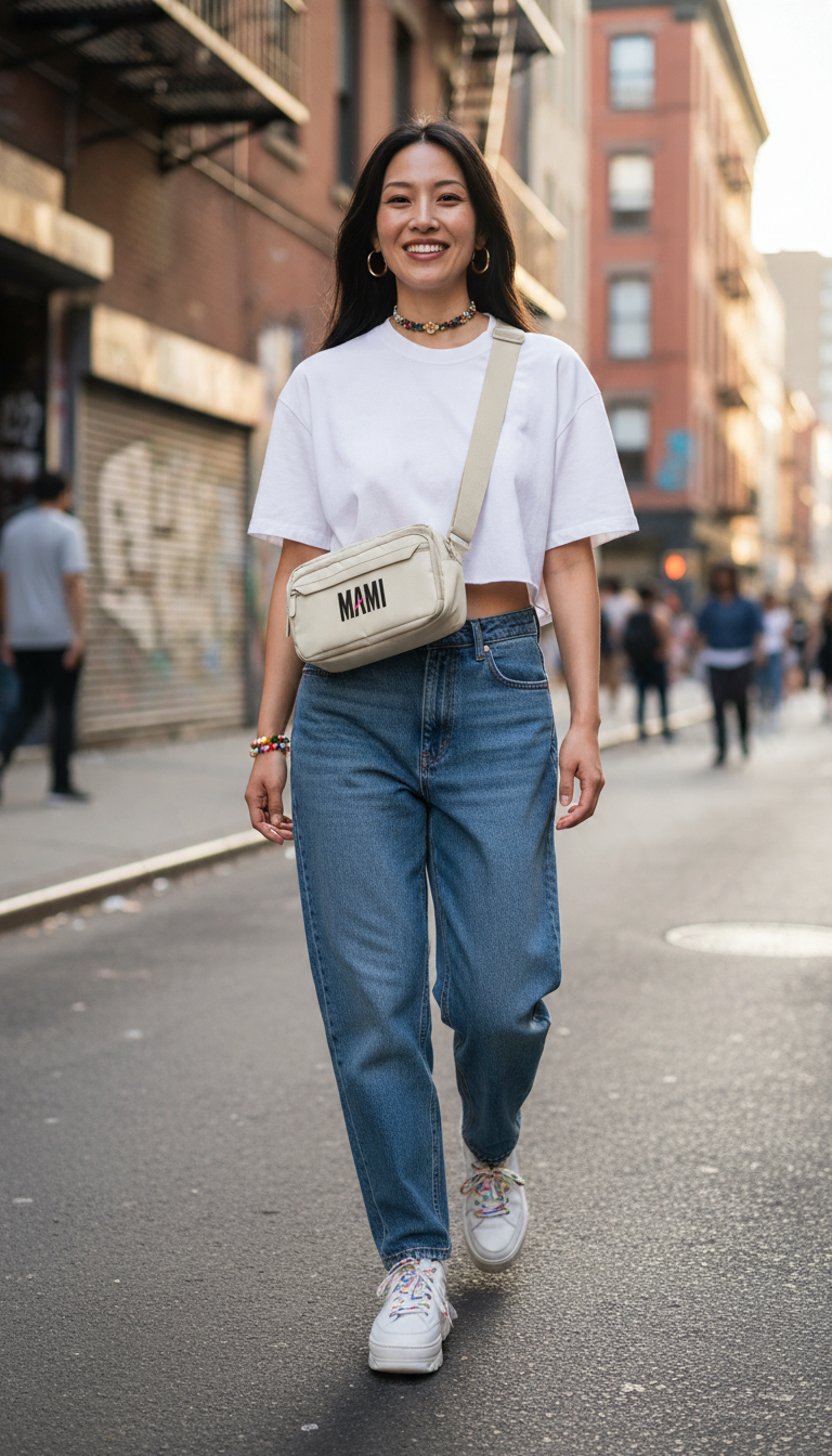 Flaunt It Mami premium urban crossbody bag in beige with black wordmark worn by a woman walking on a city street.