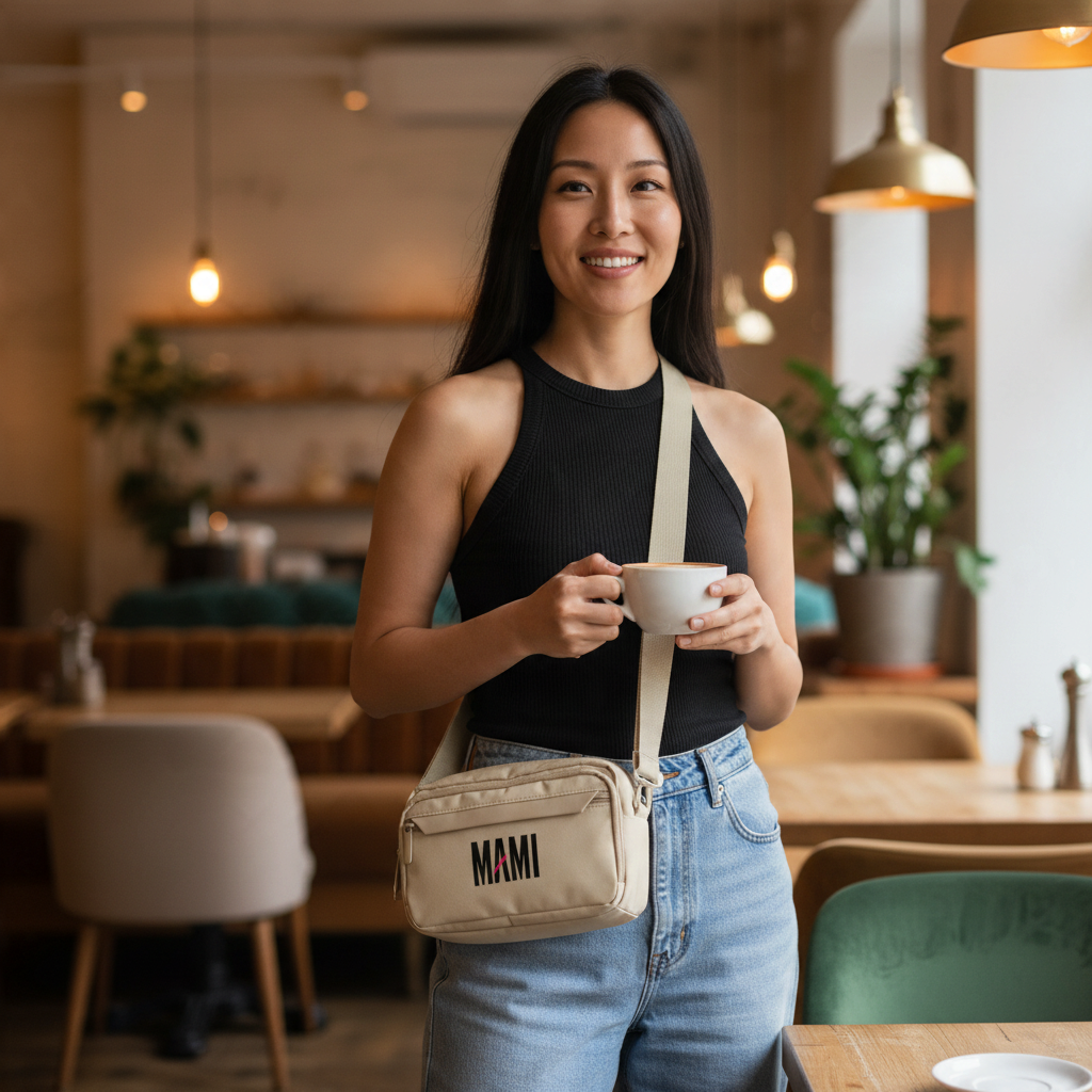 Flaunt It Mami premium beige recycled polyester crossbody bag worn by a smiling woman in a cafe setting