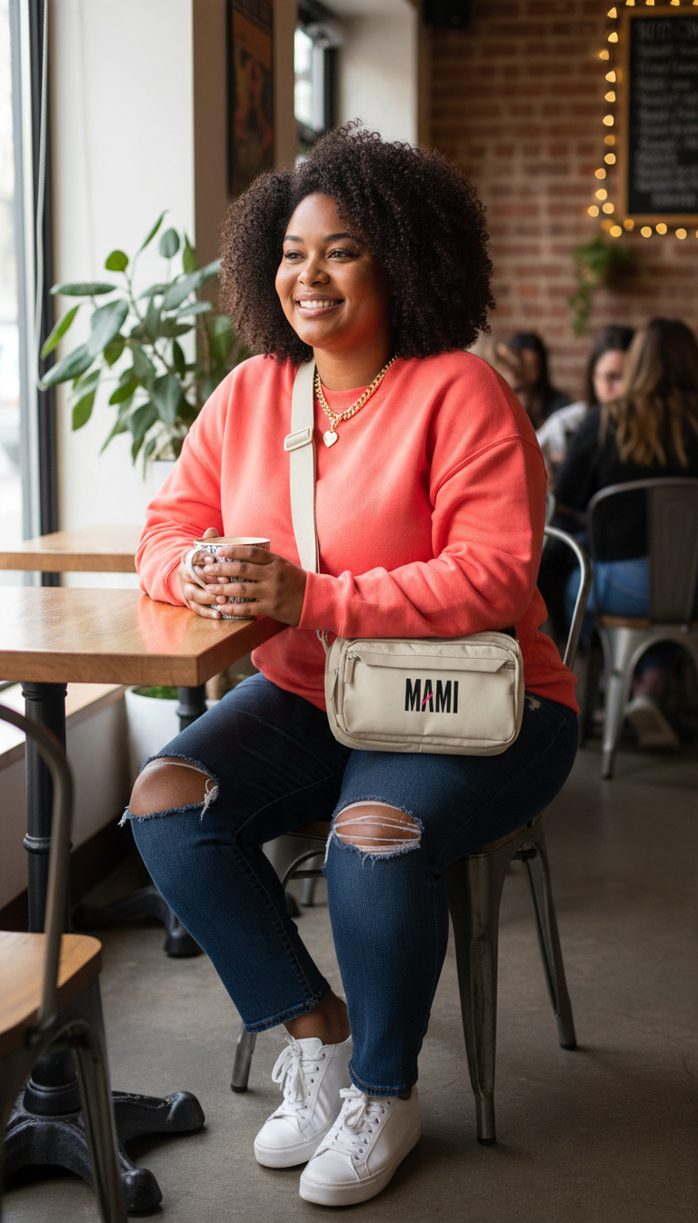 Flaunt It Mami premium beige urban crossbody bag with black wordmark worn by a smiling woman in a cafe