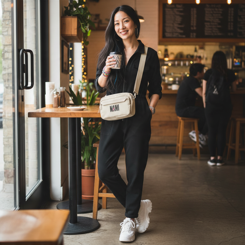 Flaunt It Mami premium beige recycled polyester urban crossbody bag worn by a woman in a cafe